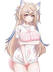 Rule 34 | animal ear fluff, animal ears, arm under breasts, bandaid, bandaid hair ornament, blonde hair, breasts, closed mouth, clothes writing, collarbone, dog ears, dog girl, eyelashes, fuwawa abyssgard, hair ornament, hairclip, highres, hololive, hololive english, large breasts, long hair, multicolored hair, napat0712, no pants, pink eyes, shirt, streaked hair, sweat, two side up, white shirt