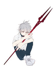 Rule 34 | 10s, 1boy, bad id, bad pixiv id, bident, blouse, evangelion: 3.0 you can (not) redo, full body, highres, holding, holding polearm, holding spear, holding weapon, lance of longinus (evangelion), male focus, nagisa kaworu, neon genesis evangelion, polearm, rebuild of evangelion, red eyes, school uniform, shirt, shoes, short hair, simple background, sitting, sneakers, solo, spear, unome (tknm), weapon, white background, white hair, white shirt