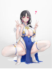 Rule 34 | 1girl, absurdres, azur lane, bad id, bad pixiv id, baige0, bare shoulders, black hair, blush, breasts, chinese clothes, cleavage, covered navel, detached sleeves, double v, dress, earrings, high heels, highres, jewelry, large breasts, long hair, looking at viewer, mole, mole under eye, multicolored hair, open mouth, pink eyes, red eyes, simple background, solo, squatting, sweat, thighhighs, thighs, ting an (azur lane), two-tone hair, v