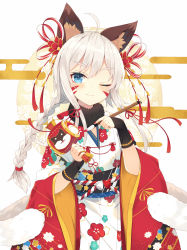 Rule 34 | 1girl, animal ears, blue eyes, braid, calligraphy brush, chinese zodiac, closed mouth, commentary request, detached sleeves, dog ears, facial mark, fingernails, fur collar, hair ornament, highres, holding, japanese clothes, kimono, long hair, looking at viewer, multiple tails, nail polish, nibiiro shizuka, obi, one eye closed, original, paintbrush, painting (action), red nails, revision, sash, silver hair, single braid, smile, smug, solo, standing, tail, two tails, upper body, whisker markings, year of the dog