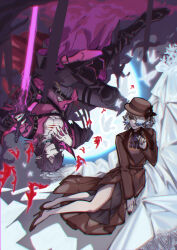 Rule 34 | 1boy, 1girl, abstract background, arknights, arm across chest, ascot, bat (animal), black background, black flower, black hair, black nails, black ribbon, blue ascot, blue hair, brown coat, brown headwear, bug, butterfly, coat, collared shirt, commentary request, energy sword, feather hair, flower, full body, grey hair, hair over one eye, hand up, hat, hat flower, hat ribbon, high heels, highres, holding, holding sword, holding weapon, infection monitor (arknights), insect, koryuu (gackter10), long coat, midnight (arknights), midnight (seventh night&#039;s awakened) (arknights), nail polish, open clothes, open shirt, orchid (arknights), orchid (twines of time) (arknights), outdoors, pink coat, pink eyes, pink shirt, pointy ears, red footwear, ribbon, shirt, short hair, side slit, sword, upside-down, weapon, white butterfly
