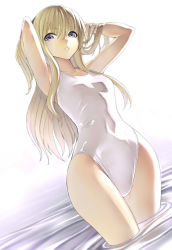 Rule 34 | 1girl, adjusting hair, armpits, arms behind head, arms up, blonde hair, blue eyes, dutch angle, hakaba (dairiseki), long hair, looking at viewer, one-piece swimsuit, parted lips, quiz magic academy, shalon, shiny clothes, solo, standing, swimsuit, wading, water, white theme, wide hips