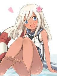 Rule 34 | 10s, 1girl, :d, bare arms, bare legs, barefoot, blonde hair, blue eyes, blush, child, engiyoshi, feet, flower, hair between eyes, hair flower, hair ornament, head tilt, highres, innertube, kantai collection, lifebuoy, long hair, looking at viewer, one-piece swimsuit, one-piece tan, open mouth, ro-500 (kancolle), school swimsuit, school uniform, serafuku, simple background, sitting, smile, soles, solo, swim ring, swimsuit, swimsuit under clothes, tan, tanline, toes, white background