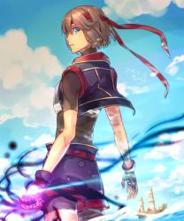Rule 34 | 1boy, androgynous, belt, black gloves, black shirt, black shorts, blue eyes, blue sky, bob cut, brown hair, cloud, cloudy sky, cowboy shot, cropped vest, fingerless gloves, from behind, gensou suikoden, gensou suikoden iv, gloves, hair between eyes, headband, ichiko milk tei, lazlo (gensou suikoden), looking at viewer, looking back, male focus, ocean, outdoors, parted lips, red belt, red headband, ship, shirt, short hair, short sleeves, shorts, sky, solo, tight clothes, tight shirt, turtleneck, vest, watercraft