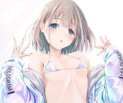 Rule 34 | 1girl, arigato (rmskrtkdlqj), bare shoulders, bikini, blue eyes, breasts, commentary request, earrings, idolmaster, jacket, jewelry, light brown hair, long sleeves, looking at viewer, micro bikini, nail polish, off shoulder, open mouth, serizawa asahi, short hair, small breasts, solo, string bikini, swimsuit, white background