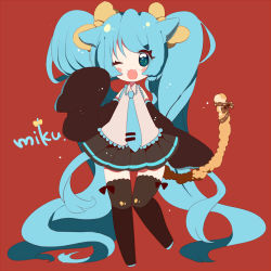 Rule 34 | 1girl, :3, absurdly long hair, animal ears, aqua eyes, aqua hair, cat ears, cat tail, character name, detached sleeves, fang, fujishiro kokoa, hatsune miku, long hair, lowres, necktie, open mouth, red background, skirt, sleeves past wrists, solo, tail, thighhighs, twintails, very long hair, vocaloid, wink