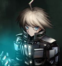 Rule 34 | 1boy, ahoge, alternate hair color, android, blue eyes, closed mouth, commentary, danganronpa (series), danganronpa v3: killing harmony, english commentary, glowing, grey hair, hand up, highres, k1-b0, looking at viewer, male focus, qosic, serious, short hair, sketch, solo, upper body