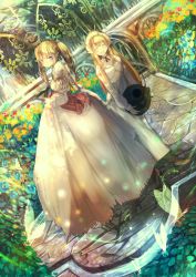 Rule 34 | 2girls, ^ ^, animal, black footwear, black legwear, blonde hair, blue flower, blunt bangs, blush, bug, butterfly, closed eyes, commentary request, day, dress, dutch angle, elf, flower, hair between eyes, high heels, highres, holding, insect, layered sleeves, long dress, long hair, long sleeves, looking at viewer, looking to the side, multiple girls, orange flower, original, outdoors, pantyhose, pointy ears, puffy long sleeves, puffy short sleeves, puffy sleeves, purple eyes, red flower, rose, shiabisu, shoes, short over long sleeves, short sleeves, teeth, twintails, upper teeth only, very long hair, white dress, yellow flower, yellow rose