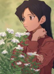 Rule 34 | 1girl, blue hair, blurry, blurry background, brown eyes, depth of field, flower, highres, idolmaster, idolmaster (classic), idolmaster 1, kisaragi chihaya, long hair, long sleeves, outdoors, parted lips, photo-referenced, roivas, solo, sweater, upper body