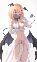 Rule 34 | 1girl, absurdres, alternate costume, areola slip, arm under breasts, bat hair ornament, bat wings, black tail, black wings, blonde hair, blue eyes, bob cut, breasts, bridal gauntlets, cleft of venus, closed mouth, commentary, demon tail, demon wings, detached sleeves, gold trim, groin, hair ornament, hand up, harem outfit, head wings, highres, hololive, hololive english, low wings, medium breasts, mole, mole on breast, monocle, mouth veil, navel, no panties, o-ring, pelvic curtain, pubic tattoo, pussy, see-through, see-through sleeves, shironekokfp, short hair, smile, solo, stomach, tail, tail raised, tattoo, thigh gap, veil, virtual youtuber, watson amelia, wings