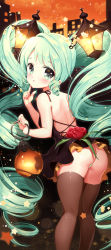 Rule 34 | 1girl, aqua eyes, aqua hair, ass, back, backless dress, backless outfit, bad id, bad pixiv id, black dress, black thighhighs, blush, dress, flower, green panties, hair ornament, hatsune miku, highres, lamp miku, long hair, looking at viewer, panties, pantyshot, rose, siloteddy, solo, standing, thighhighs, twintails, twisted neck, underwear, vocaloid