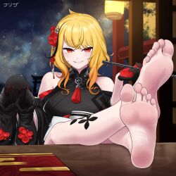 Rule 34 | 1girl, barefoot, blonde hair, breasts, crossed legs, efreezerarts, feet, feet on table, foot focus, foreshortening, gloves, highres, holding, holding clothes, holding footwear, holding shoes, hololive, hololive indonesia, jewelry, kaela kovalskia, kaela kovalskia (new year), large breasts, legs, looking at viewer, medium hair, presenting foot, red eyes, red gloves, shoes, unworn shoes, sitting, smile, soles, solo, toenails, toes, virtual youtuber