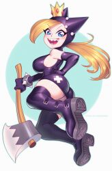 Rule 34 | 1girl, ass, axe, black dress, black footwear, black gloves, blonde hair, blue background, blue eyes, boots, bracelet, breasts, crown, dress, elbow gloves, from behind, full body, gloves, highres, holding, holding axe, hood, hood up, jewelry, large breasts, long hair, looking at viewer, mario (series), nintendo, open mouth, sharp teeth, sideboob, simple background, sleeveless, smile, solo, spiked bracelet, spikes, supersatanson, teeth, thigh boots, thighs, warupeach