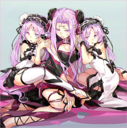 Rule 34 | 3girls, :q, alternate costume, alternate hairstyle, bad id, bad pixiv id, barefoot, between toes, breasts, china dress, chinese clothes, cleavage, cleavage cutout, clothing cutout, double bun, dress, euryale (fate), facial mark, fate/grand order, fate/hollow ataraxia, fate/stay night, fate (series), feet, forehead mark, girl sandwich, ichinose777, large breasts, long hair, medium breasts, medusa (fate), medusa (rider) (fate), multiple girls, purple eyes, purple hair, sandwiched, siblings, sisters, sitting, stheno (fate), sweatdrop, thighhighs, toeless legwear, toes, tongue, tongue out, twins, very long hair, yokozuwari