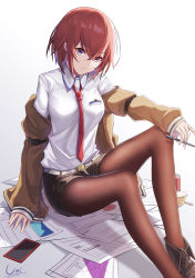 Rule 34 | 1girl, absurdres, arm support, belt, blue eyes, brown footwear, brown jacket, brown pantyhose, brown shorts, cellphone, closed mouth, collared shirt, commentary request, crossed bangs, foot out of frame, grey belt, hair between eyes, highres, jacket, knees up, long sleeves, looking at viewer, makise kurisu, necktie, off shoulder, open clothes, open jacket, pantyhose, paper, phone, red necktie, shirt, shoes, short hair, shorts, simple background, sitting, smartphone, solo, steins;gate, unique (pixiv12704744), white shirt