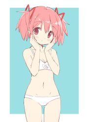 Rule 34 | 1girl, :o, aqua background, bare arms, bare shoulders, blue background, blush, bra, breasts, cleavage, commentary, cowboy shot, expressionless, groin tendon, hair ribbon, hands on own cheeks, hands on own face, head tilt, highres, kaname madoka, looking at viewer, mahou shoujo madoka magica, mahou shoujo madoka magica (anime), navel, panties, parted lips, pink eyes, pink hair, rectangle, red ribbon, ribbon, short twintails, simple background, small breasts, solo, stomach, thighs, tsubaki (tatajd), twintails, two-tone background, underwear, underwear only, white background, white bra, white panties, white ribbon