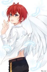 Rule 34 | 1boy, angel wings, antenna hair, back, belt, black pants, grey eyes, hair between eyes, highres, kwakah, long sleeves, male focus, open clothes, open shirt, pants, red hair, riddle rosehearts, shirt, solo, twisted wonderland, white background, white shirt, wings