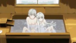 Rule 34 | 1boy, 1girl, ahoge, anime screenshot, antenna hair, bath, blush, brother and sister, censored, convenient censoring, indoors, interior, kasugano haruka, kasugano sora, long hair, mixed-sex bathing, nude, shared bathing, siblings, silver hair, yosuga no sora