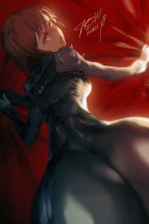 Rule 34 | 1girl, absurdres, artist name, ass, ass focus, bad id, bad twitter id, bed, belt, bodysuit, braid, breasts, brown eyes, brown hair, commentary, dated, from behind, highres, huge ass, looking at viewer, looking back, niijima makoto, persona, persona 5, saejin oh, short hair, shoulder spikes, signature, solo, spikes