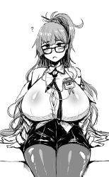 Rule 34 | 1girl, :o, ?, absurdres, arm support, blunt bangs, blush, breasts, button gap, collared shirt, ether (nikke), geist43195783, glasses, goddess of victory: nikke, greyscale, high-waist shorts, high ponytail, highres, huge breasts, jacket, long hair, monochrome, necktie, off shoulder, open clothes, open jacket, open mouth, pantyhose, pantyhose under shorts, shirt, shorts, sitting, sleeveless, sleeveless shirt, solo, torn clothes, torn pantyhose, very long hair, white shirt