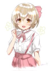 Rule 34 | 1girl, blonde hair, bob cut, bow, buttons, child, clenched hand, collared shirt, dot nose, flower (symbol), frilled shirt, frilled shirt collar, frills, hair between eyes, hair bow, hand up, highres, idolmaster, idolmaster cinderella girls, idolmaster cinderella girls u149, koga koharu, light blush, looking at viewer, neck ribbon, open mouth, paopao, pink bow, pink ribbon, pink skirt, ribbon, shirt, short hair, short sleeves, signature, simple background, sketch, skirt, smile, solo, straight hair, strap, suspender skirt, suspenders, upper body, white background, white shirt, yellow eyes