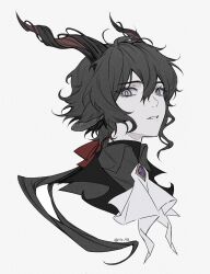 Rule 34 | 1boy, animal ears, arknights, ascot, black hair, black shirt, collared shirt, ebenholz (arknights), goat boy, goat ears, goat horns, hair between eyes, hair ribbon, highres, horns, long hair, looking at viewer, male focus, parted lips, ponytail, portrait, purple eyes, red ribbon, ribbon, rio (rio773), shirt, signature, simple background, solo, twitter username, white ascot, white background