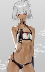 Rule 34 | 10s, 1girl, altera (fate), bandeau, bare shoulders, black nails, black panties, bracer, breasts, cleavage, collarbone, contrapposto, covering own mouth, dark-skinned female, dark skin, expressionless, fate/extella, fate/extra, fate (series), full-body tattoo, grey background, grey hair, half-closed eyes, halterneck, hand up, headband, highres, horz, leg tattoo, legs apart, looking at viewer, midriff, nail polish, navel, panties, pubic tattoo, red eyes, short hair, small breasts, solo, standing, stomach, stomach tattoo, tattoo, underwear, white bandeau