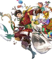 Rule 34 | 1boy, animal costume, animal ears, antlers, bow (weapon), braid, brown hair, cape, claude von riegan, claude von riegan(yuletide schemer), damaged, dark-skinned male, dark skin, deer ears, earrings, fire emblem, fire emblem: three houses, fire emblem heroes, gold cape, green cape, green eyes, highres, holding, holding bow (weapon), holding weapon, horns, jewelry, multicolored cape, multicolored clothes, nijihayashi, nintendo, non-web source, official alternate costume, official art, open mouth, reindeer antlers, reindeer costume, single braid, solo, teeth, torn bag, torn cape, torn clothes, weapon
