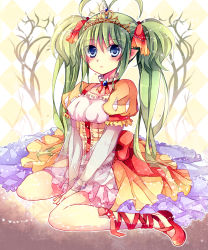 Rule 34 | 1girl, antenna hair, argyle, argyle background, argyle clothes, bad id, bad pixiv id, between thighs, blue eyes, blush, breasts, choker, circle skirt, collarbone, dress, frills, gathers, green hair, hair ornament, heart, highres, kokonoe miya, light particles, long hair, mary janes, on ground, original, overskirt, pointy ears, puffy sleeves, ribbon, see-through, shoes, sitting, skirt, solo, tiara, twintails, wariza