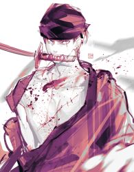 Rule 34 | 1boy, bandana, blood, blood on chest, earrings, highres, holding, holding sword, holding weapon, japanese clothes, jewelry, katana, kimono, looking at viewer, male focus, monochrome, one piece, pectorals, roronoa zoro, scar, scar across eye, scar on chest, short hair, simple background, smile, solo, straw hat pirates, sword, upper body, weapon, white background, zhongc