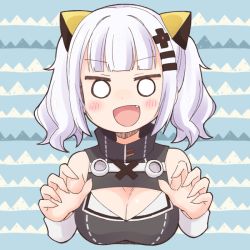 Rule 34 | 1girl, :d, black dress, breasts, claw pose, cleavage, cleavage cutout, clothing cutout, dress, fang, fingernails, hair ornament, hairclip, hands up, kaguya luna, large breasts, nekotoufu, o o, open mouth, sidelocks, silver hair, sleeveless, sleeveless dress, smile, solo, the moon studio, twintails, upper body, v-shaped eyebrows, virtual youtuber