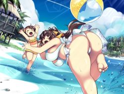 Rule 34 | 2girls, :d, \o/, age difference, arms up, ass, ball, barefoot, beach, beachball, bent over, bikini, bikini skirt, blush, breasts, brown eyes, brown hair, child, cloud, day, hair ornament, hair ribbon, happy, large breasts, leg up, long hair, looking back, mature female, mil (xration), multiple girls, open mouth, original, outdoors, outstretched arms, palm tree, plump, ribbon, side ponytail, smile, swimsuit, tankini, tree, wading, water, white bikini