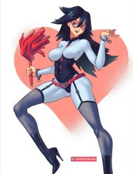 Rule 34 | 10s, 1girl, artist name, belt, belt buckle, black hair, blue eyes, bodysuit, boku no hero academia, boots, breasts, buckle, cuffs, dominatrix, domino mask, full body, garter straps, hair between eyes, hand up, handcuffs, happy, heart, heart background, high heel boots, high heels, holding, holding whip, leotard, long hair, looking to the side, mask, medium breasts, midnight (boku no hero academia), mole, mole under eye, nail polish, open mouth, skin tight, smile, solo, spiked hair, standing, stiletto heels, superhero costume, supersatanson, teacher, teeth, thighhighs, tongue, whip