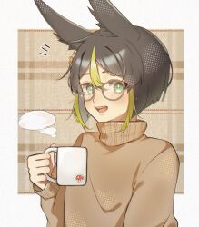 Rule 34 | 1boy, alternate costume, animal ear fluff, animal ears, black hair, border, brown sweater, coffee mug, commentary, cup, earrings, fox boy, fox ears, genshin impact, glasses, green eyes, green hair, holding, holding cup, jewelry, looking at viewer, male focus, mug, multicolored hair, open mouth, papipipi71, plaid, plaid background, ribbed sweater, single earring, smile, solo, steam, sweater, tighnari (genshin impact), white border