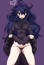 Rule 34 | 10s, 1girl, ahoge, average-hanzo, black panties, blush, breasts, cameltoe, cleft of venus, clothes lift, creatures (company), dress, dress lift, game freak, hairband, hex maniac (pokemon), looking at viewer, nintendo, npc trainer, panties, pokemon, pokemon xy, solo, tongue, tongue out, underwear