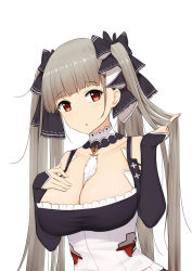 Rule 34 | 1girl, :o, azur lane, bare shoulders, between breasts, black bow, black dress, black ribbon, blunt bangs, blush, bow, breasts, cleavage, collarbone, commentary, detached collar, dress, formidable (azur lane), frilled dress, frills, grey hair, hair bow, hair ribbon, hand in own hair, hand on own chest, l.tea, large breasts, long hair, long sleeves, looking at viewer, red eyes, ribbon, simple background, solo, twintails, two-tone dress, two-tone ribbon, upper body, very long hair, white background, white ribbon