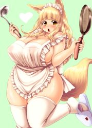 Rule 34 | 1girl, animal ears, apron, bare shoulders, blonde hair, breasts, cooking, female focus, fox ears, fox girl, fox tail, hair ornament, heart, highres, huge breasts, jumping, kokumotsu, long hair, maid headdress, naked apron, open mouth, original, plump, simple background, slippers, solo, tail, thighhighs, white thighhighs, yellow eyes