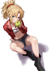 Rule 34 | 1girl, absurdres, apple, bandeau, belt, blonde hair, blue shorts, boots, braid, breasts, crop top, cutoffs, denim, denim shorts, fate/apocrypha, fate/grand order, fate (series), food, french braid, fruit, green eyes, grin, highres, jacket, jewelry, kuza brs, long hair, long sleeves, looking at viewer, midriff, mordred (fate), mordred (fate/apocrypha), mordred (memories at trifas) (fate), navel, necklace, open clothes, open jacket, open mouth, parted bangs, ponytail, red jacket, short ponytail, short shorts, shorts, sidelocks, sitting, small breasts, smile, solo