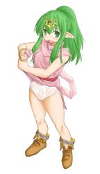 Rule 34 | 1girl, anklet, bangle, blush, boots, bracelet, fang, fire emblem, fire emblem: mystery of the emblem, fire emblem awakening, green eyes, green hair, jewelry, kasuga yukihito, long hair, matching hair/eyes, nintendo, panties, pointy ears, ponytail, revision, scarf, solo, tiki (fire emblem), underwear, wet, wet clothes, wringing clothes