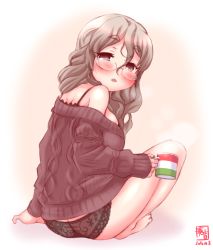 Rule 34 | 10s, 1girl, 2016, alternate costume, artist name, barefoot, bespectacled, black panties, blush, brown eyes, commentary request, cup, dated, eyebrows, full body, glasses, grey hair, highres, holding, holding cup, italian flag, kanon (kurogane knights), kantai collection, long hair, long sleeves, looking at viewer, looking back, off shoulder, panties, pola (kancolle), short eyebrows, simple background, solo, sweater, underwear, wavy hair, white background