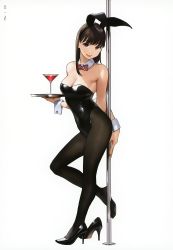 Rule 34 | 1girl, :q, absurdres, animal ears, bare arms, bare shoulders, black footwear, black hair, black leotard, black pantyhose, bow, bowtie, breasts, brown eyes, cleavage, closed mouth, cocktail glass, covered navel, cup, detached collar, drinking glass, fake animal ears, full body, hairband, high heels, highleg, highleg leotard, highres, holding, holding tray, latex, leaning back, leg up, leotard, long hair, looking at viewer, medium breasts, original, pantyhose, playboy bunny, pole, rabbit ears, scan, unworn shoe, shoes, unworn shoes, simple background, single shoe, smile, solo, standing, strapless, strapless leotard, stripper pole, tongue, tongue out, tray, white background, wrist cuffs, yomu (sgt epper)