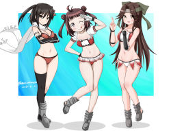 Rule 34 | 3girls, adapted costume, antenna hair, bikini, bikini skirt, black gloves, black hair, breasts, brown eyes, brown hair, cleavage, commentary request, dated, double bun, elbow gloves, fingerless gloves, forehead protector, full body, gauntlets, gloves, hair bun, hair intakes, half updo, headband, jintsuu (kancolle), kantai collection, leaning forward, long hair, looking at viewer, masara (chuujou), medium breasts, multiple girls, naka (kancolle), red bikini, salute, scarf, sendai (kancolle), standing, swimsuit, twitter username, two side up, white gloves, white scarf