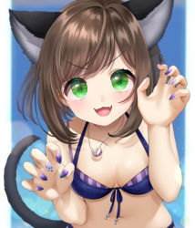 Rule 34 | 1girl, :d, absurdres, animal ears, bikini, blue bikini, blue nails, border, breasts, brown hair, cat ears, cat tail, cleavage, collarbone, fangs, front-tie bikini top, front-tie top, green eyes, highres, idolmaster, idolmaster cinderella girls, jewelry, leaning forward, long hair, looking at viewer, maekawa miku, nail polish, navel, necklace, open mouth, ouuxuuo, pillarboxed, skin fangs, small breasts, smile, solo, swimsuit, tail, upper body, v-shaped eyebrows, white border