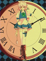 Rule 34 | 1990s (style), 1girl, apron, blue dress, blue vest, bow, braid, brown footwear, dress, frilled apron, frilled skirt, frills, green bow, hair bow, hanadi detazo, hand on own hip, highres, izayoi sakuya, knife, maid, maid apron, maid headdress, plaid, plaid background, pocket watch, puffy short sleeves, puffy sleeves, red eyes, retro artstyle, ribbon, roman numeral, short hair, short sleeves, silver hair, skirt, solo, touhou, twin braids, vest, watch, weapon