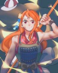 Rule 34 | 1girl, armor, bandaid, bandaid on face, bandaid on forehead, bare shoulders, bracelet, breasts, bruise, clima-tact, electricity, hair ornament, hat, highres, holding, holding weapon, injury, japanese armor, japanese clothes, jewelry, kimono, long hair, looking at viewer, nami (one piece), one piece, orange hair, pandar op, red eyes, weapon, zeus (one piece)