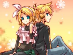 Rule 34 | 1boy, 1girl, alternate costume, bad id, bad pixiv id, blonde hair, blue eyes, bow, brother and sister, hair ornament, hairclip, headphones, kagamine len, kagamine rin, kousetsu, pants, ponytail, siblings, skirt, smile, twins, vocaloid, wallpaper