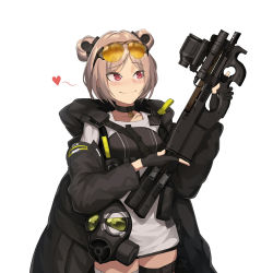 Rule 34 | 1girl, ammunition, bad id, bad pixiv id, black coat, black gloves, blush, buckle, bullet, bullpup, cero (last2stage), choker, coat, collarbone, commentary request, double bun, eyewear on head, fn 5.7x28mm, gas mask, girls&#039; frontline, gloves, gun, hair bun, heart, highres, holding, holding gun, holding weapon, hood, hood down, hooded coat, horizontal magazine, jacket, korean commentary, light brown hair, load bearing equipment, mask, open clothes, p90, p90 (girls&#039; frontline), parted bangs, partially fingerless gloves, pdw cartridge, personal defense weapon, pistol cartridge, red eyes, scope, see-through, simple background, smile, snap-fit buckle, solo, spoken heart, submachine gun, sunglasses, sunglasses on head, thigh strap, thighhighs, tinted eyewear, translucent, trigger discipline, weapon, white background