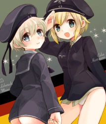 Rule 34 | 10s, 2girls, :d, ass, beret, character name, clothes writing, creator connection, crossover, dress, erica hartmann, german flag, hat, kantai collection, multiple girls, open mouth, panties, peaked cap, personification, sailor dress, sailor hat, salute, sanada nako, smile, strike witches, underwear, white panties, world witches series, z1 leberecht maass (kancolle)