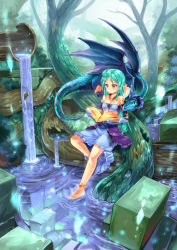 Rule 34 | 1girl, anklet, aqua hair, barefoot, block (object), blue eyes, book, braid, branch, dragon, dress, forest, garun wattanawessako, gloves, head wings, jewelry, long hair, mini dragon, nature, necklace, original, plant roots, sitting, soaking feet, solo, water, wings