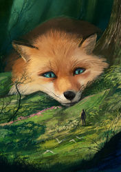Rule 34 | 3513, animal, blue eyes, commentary, fantasy, forest, fox, giant, monokubo, nature, original, size difference, tree